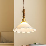 Elegant Walnut and Brass Flower Petal Pendant Light with White Glass Shade for Modern Living Spaces