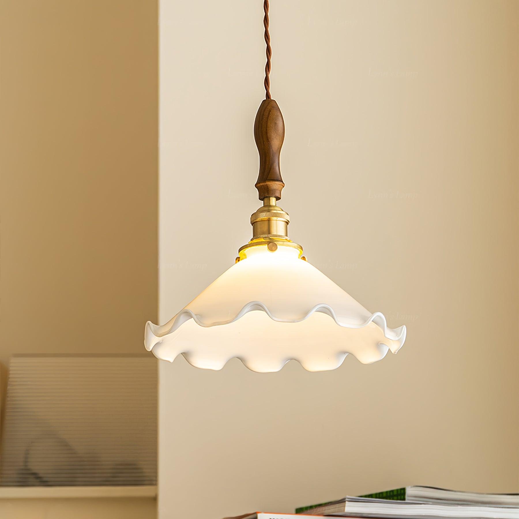 Elegant Walnut and Brass Flower Petal Pendant Light with White Glass Shade for Modern Living Spaces