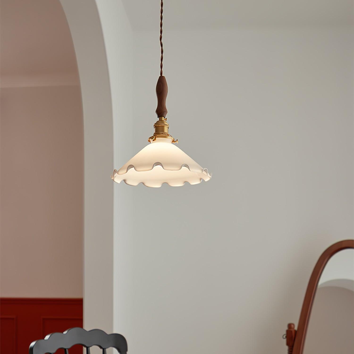 Elegant Walnut and Brass Flower Petal Pendant Light with White Glass Shade for Modern Living Spaces