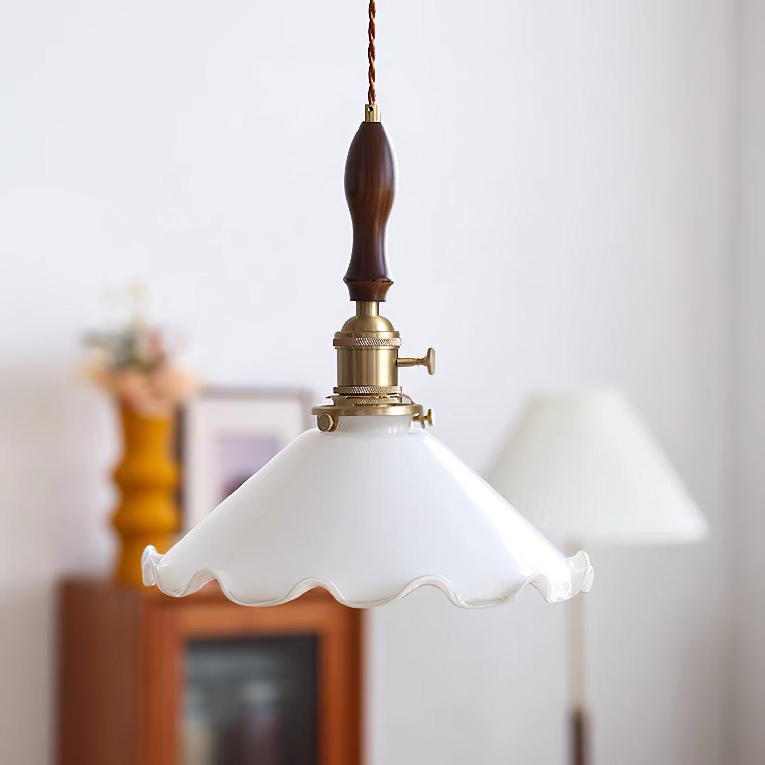 Elegant Walnut and Brass Flower Petal Pendant Light with White Glass Shade for Modern Living Spaces