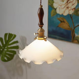 Elegant Walnut and Brass Flower Petal Pendant Light with White Glass Shade for Modern Living Spaces