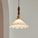 Elegant Walnut and Brass Flower Petal Pendant Light with White Glass Shade for Modern Living Spaces