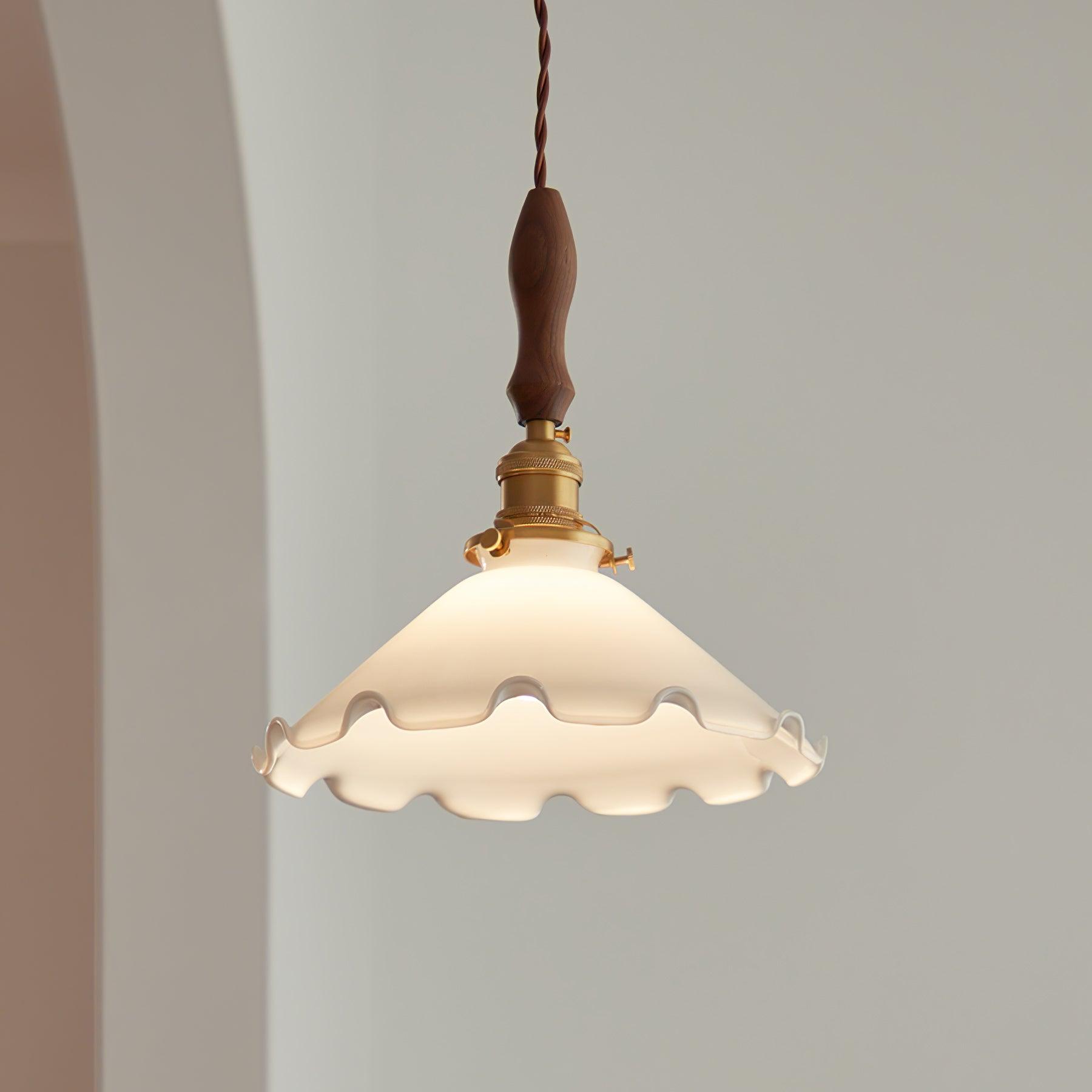 Elegant Walnut and Brass Flower Petal Pendant Light with White Glass Shade for Modern Living Spaces
