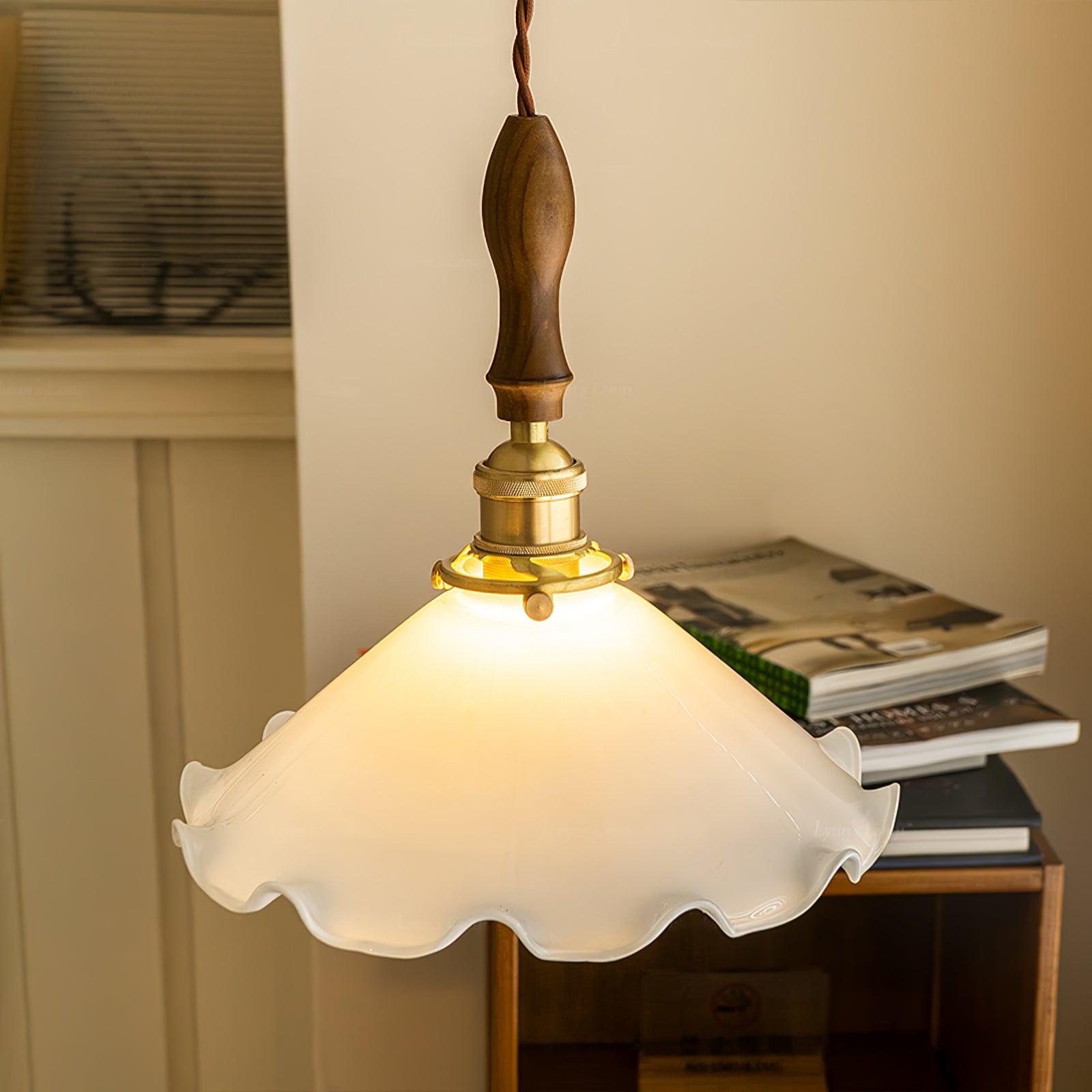 Elegant Walnut and Brass Flower Petal Pendant Light with White Glass Shade for Modern Living Spaces