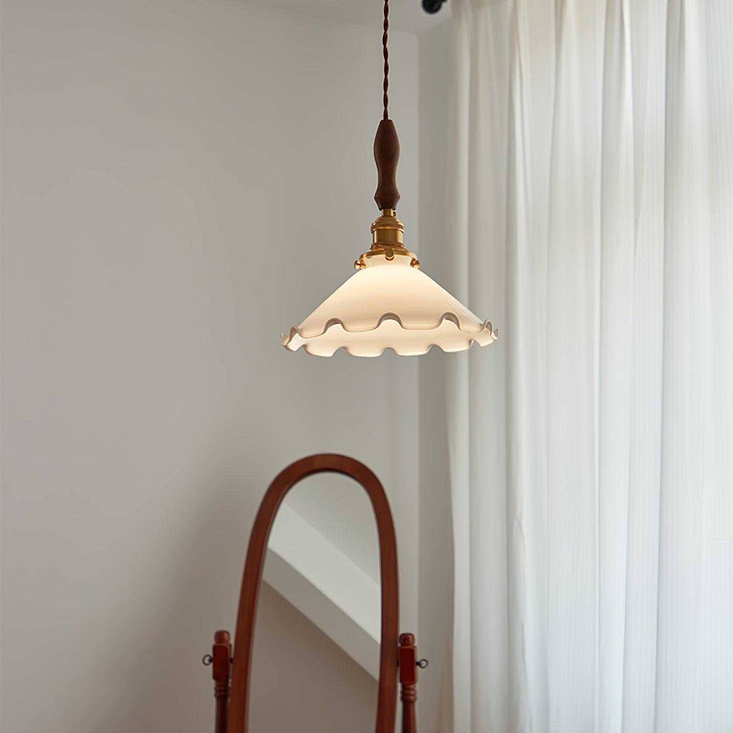 Elegant Walnut and Brass Flower Petal Pendant Light with White Glass Shade for Modern Living Spaces