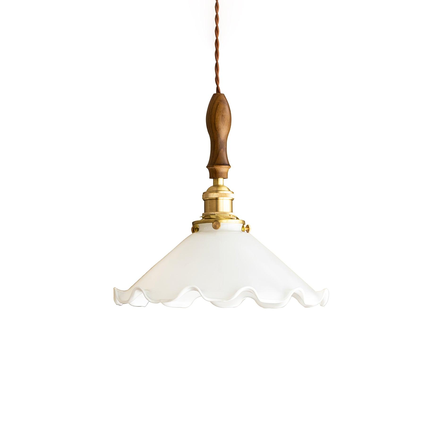 Elegant Walnut and Brass Flower Petal Pendant Light with White Glass Shade for Modern Living Spaces