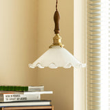 Elegant Walnut and Brass Flower Petal Pendant Light with White Glass Shade for Modern Living Spaces