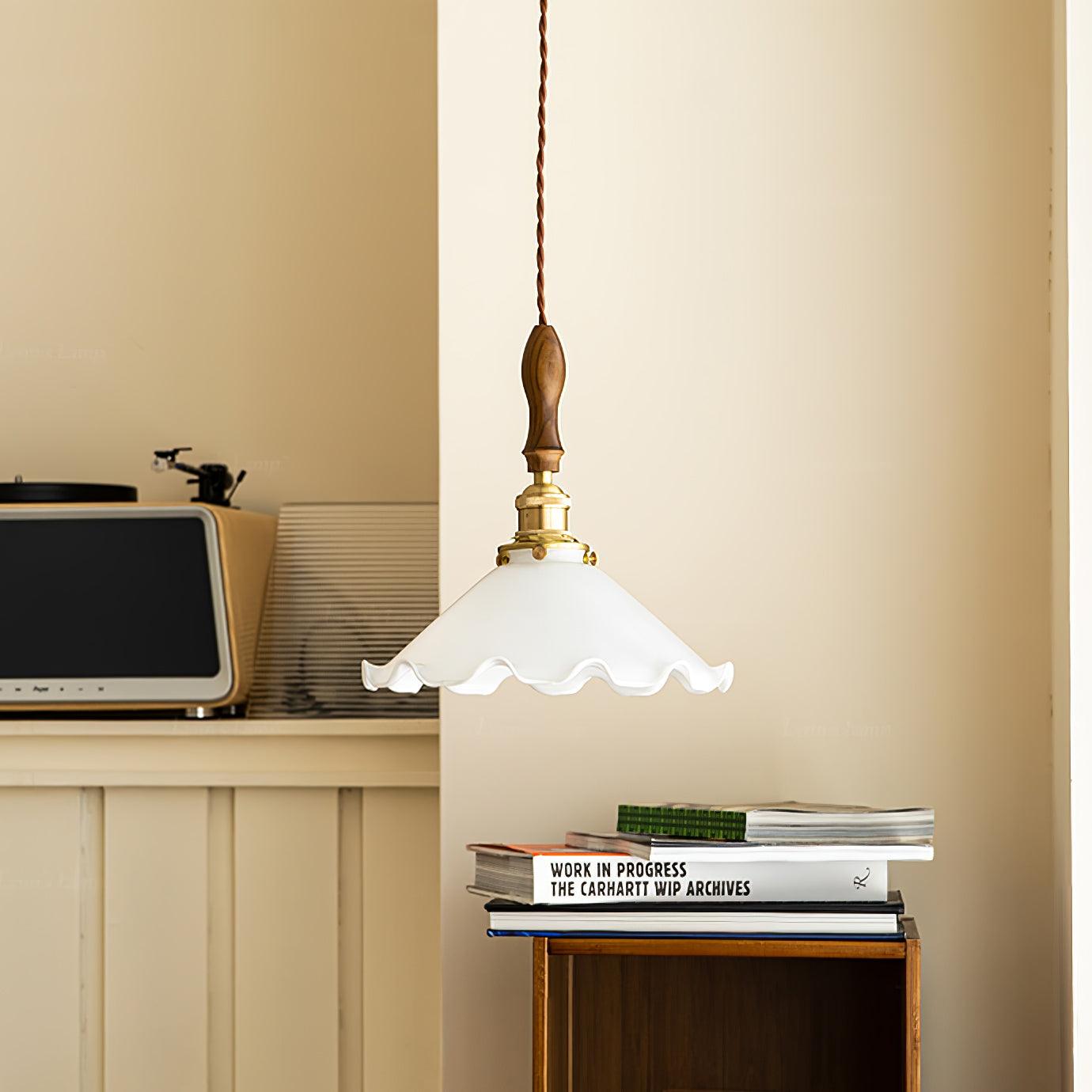 Elegant Walnut and Brass Flower Petal Pendant Light with White Glass Shade for Modern Living Spaces