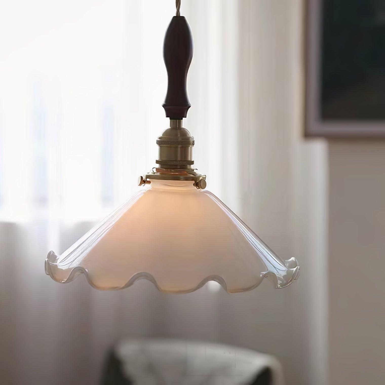 Elegant Walnut and Brass Flower Petal Pendant Light with White Glass Shade for Modern Living Spaces