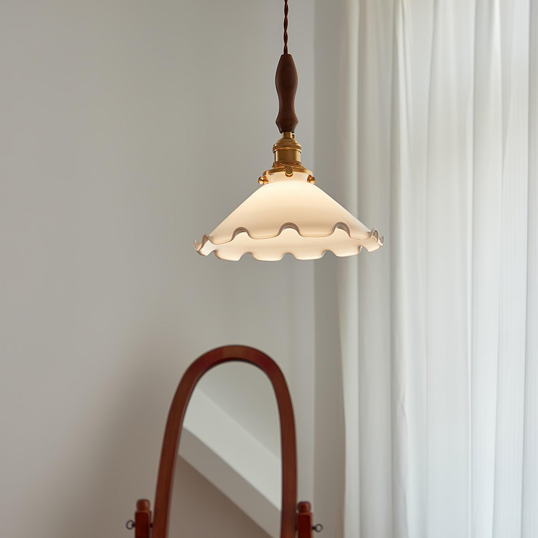 Elegant Walnut and Brass Flower Petal Pendant Light with White Glass Shade for Modern Living Spaces