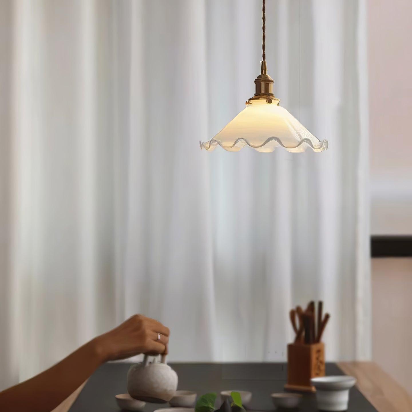 Elegant Walnut and Brass Flower Petal Pendant Light with White Glass Shade for Modern Living Spaces