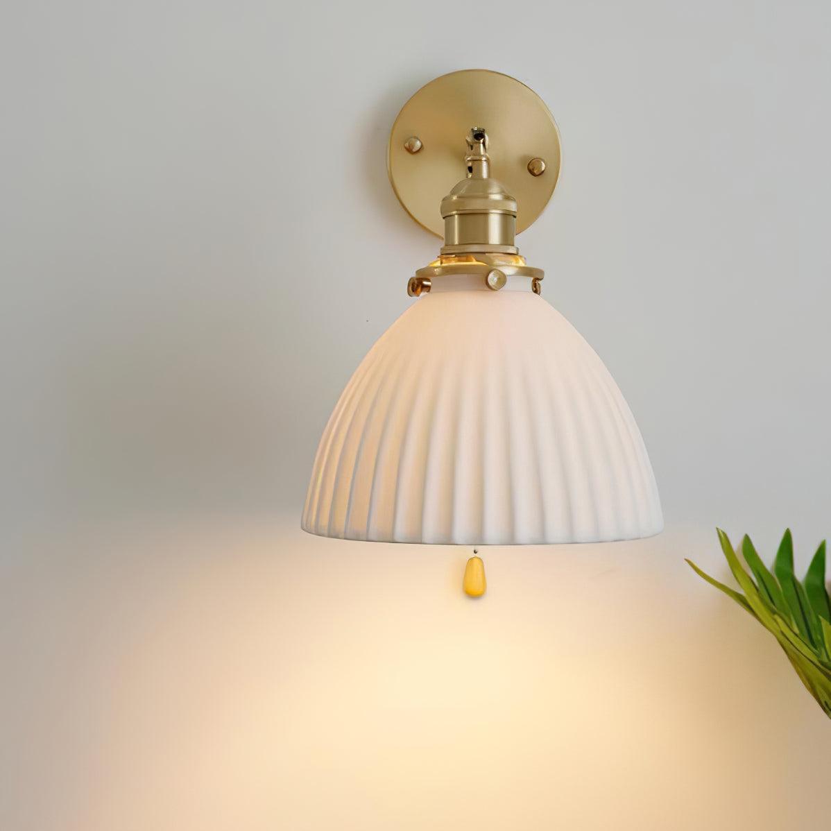 Elegant White Ceramic Pleated Wall Sconce with Brass Finish for Modern Home Decor