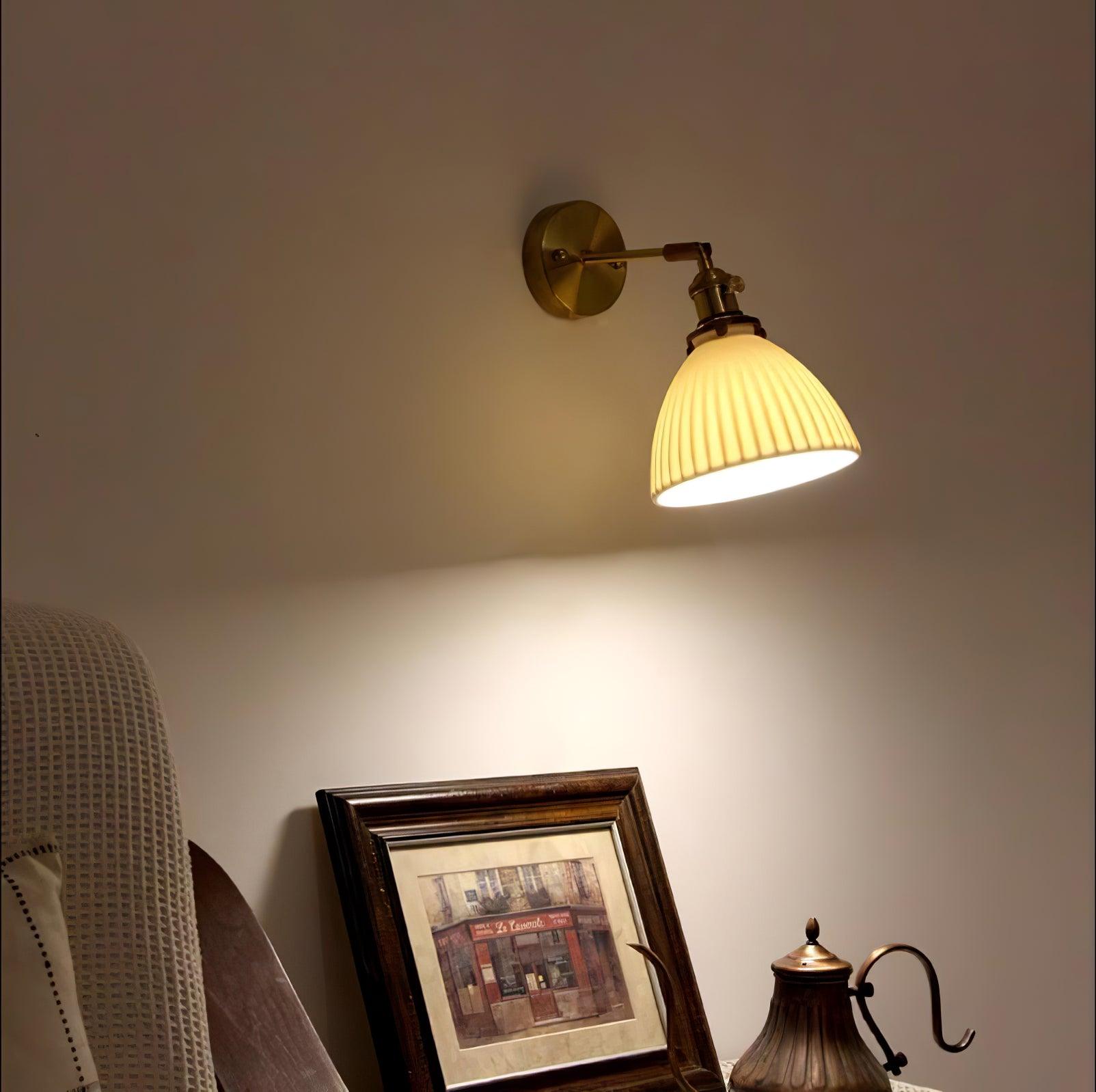 Elegant White Ceramic Pleated Wall Sconce with Brass Finish for Modern Home Decor