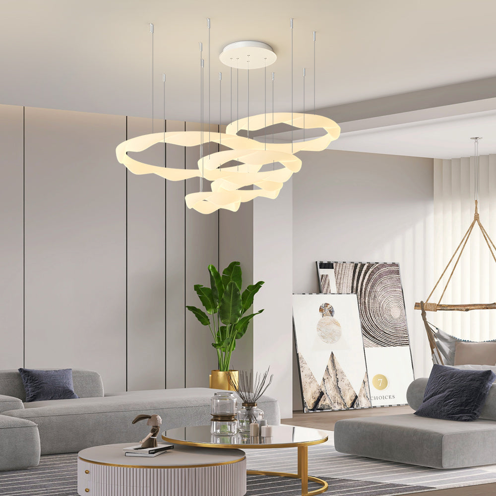 Elegant White Cream Modern LED Ring Chandelier Featuring Three Step Dimming Wavy Circle Design
