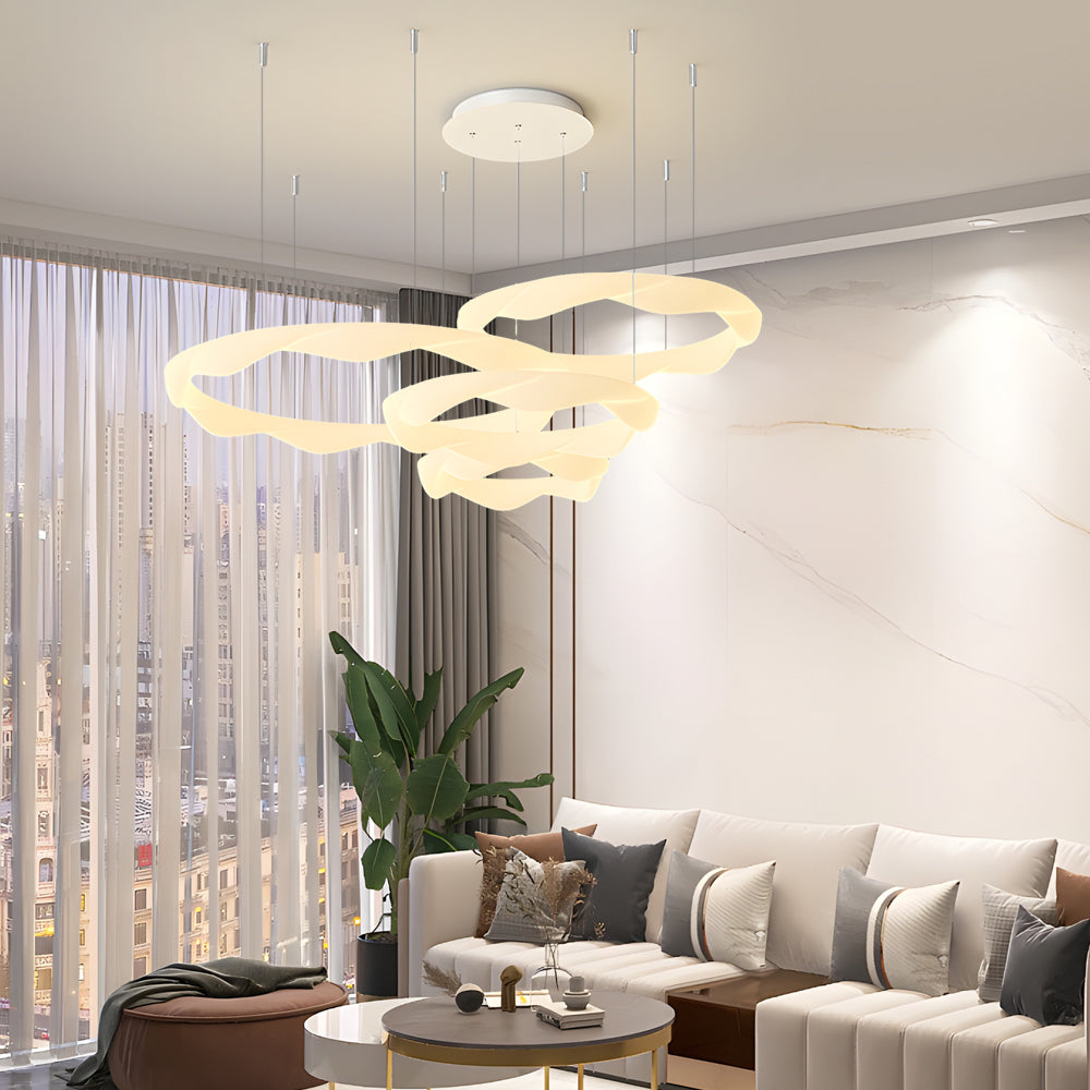 Elegant White Cream Modern LED Ring Chandelier Featuring Three Step Dimming Wavy Circle Design