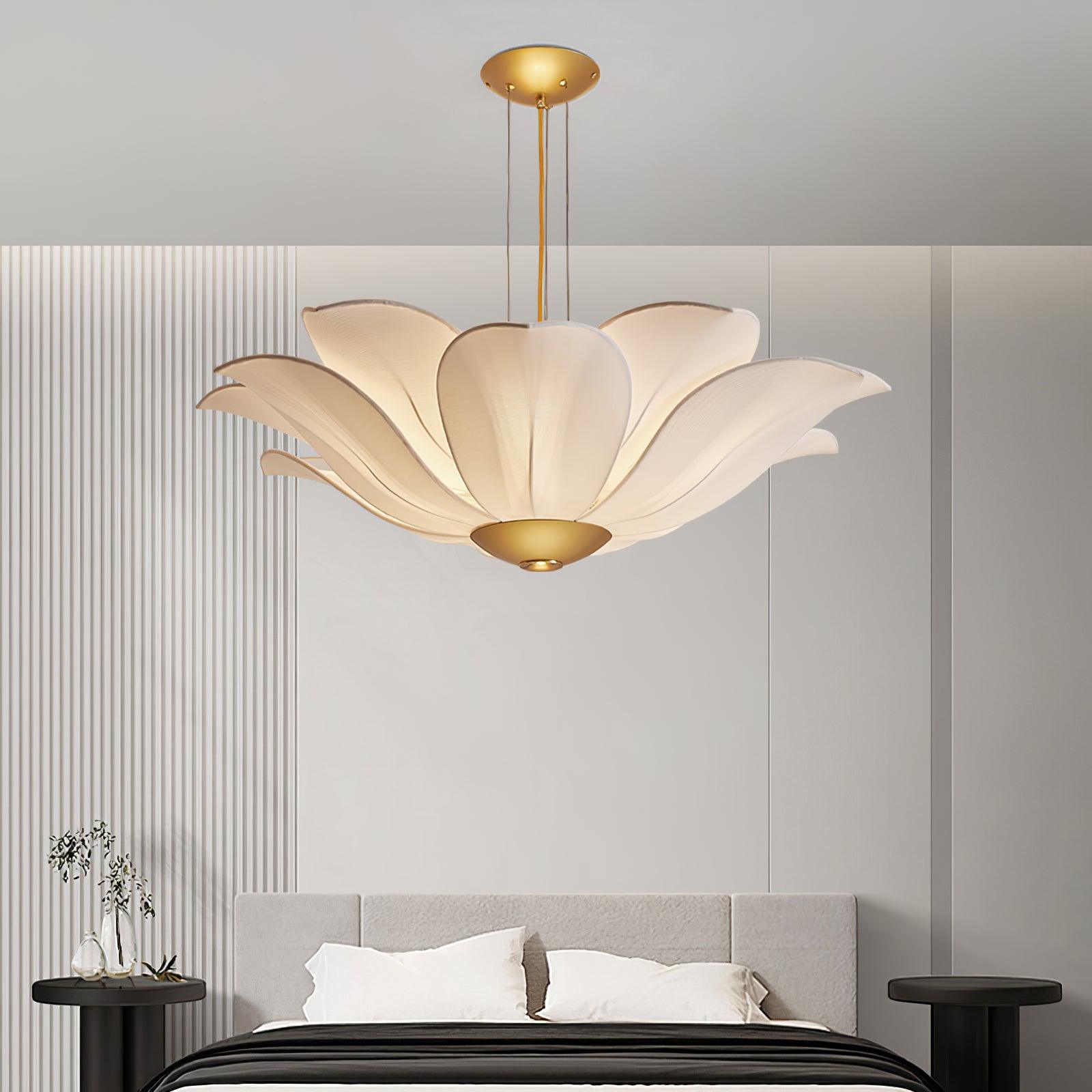 Elegant White Fabric Petal Crown Chandelier Gold Finish Modern Floral Pendant Light