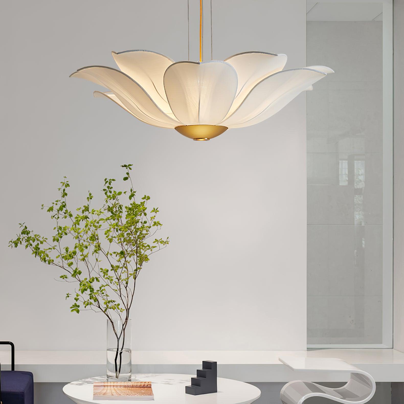 Elegant White Fabric Petal Crown Chandelier Gold Finish Modern Floral Pendant Light