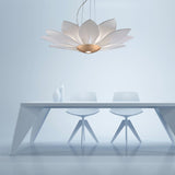 Elegant White Fabric Petal Crown Chandelier Gold Finish Modern Floral Pendant Light