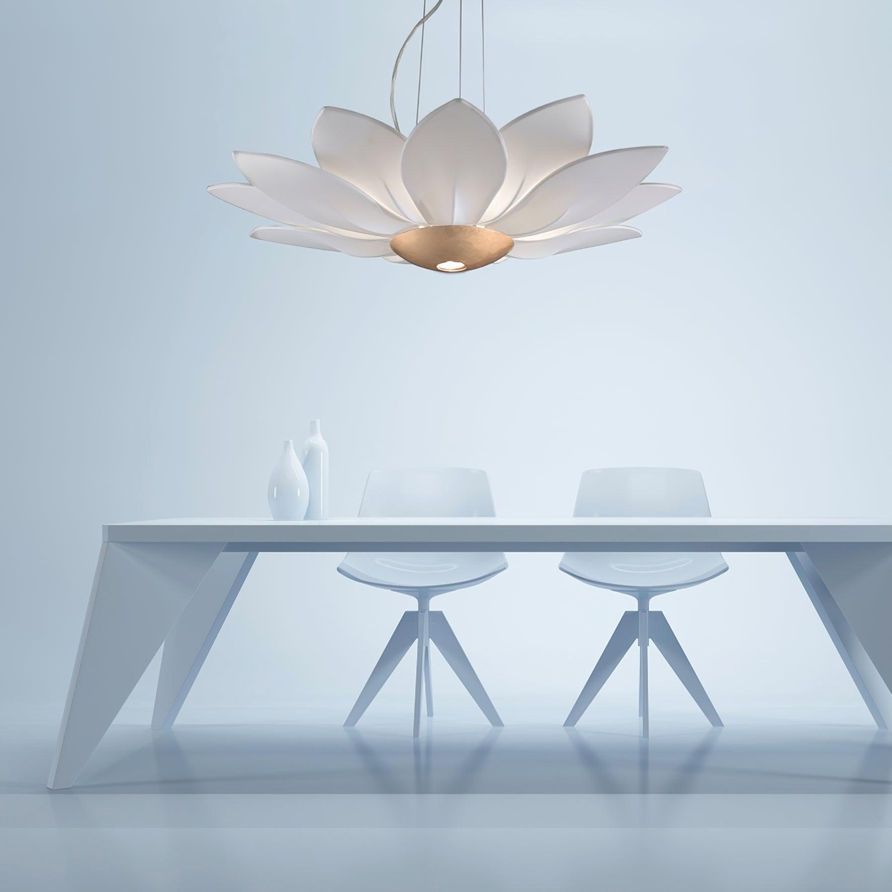 Elegant White Fabric Petal Crown Chandelier Gold Finish Modern Floral Pendant Light