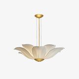 Elegant White Fabric Petal Crown Chandelier Gold Finish Modern Floral Pendant Light