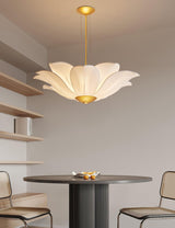 Elegant White Fabric Petal Crown Chandelier Gold Finish Modern Floral Pendant Light