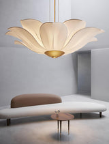 Elegant White Fabric Petal Crown Chandelier Gold Finish Modern Floral Pendant Light