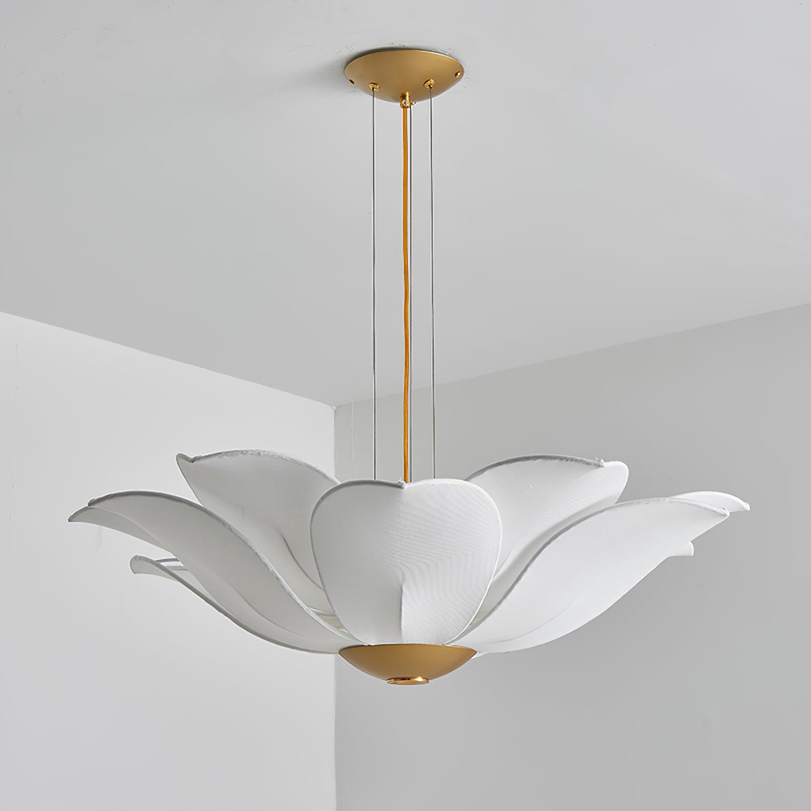 Elegant White Fabric Petal Crown Chandelier Gold Finish Modern Floral Pendant Light