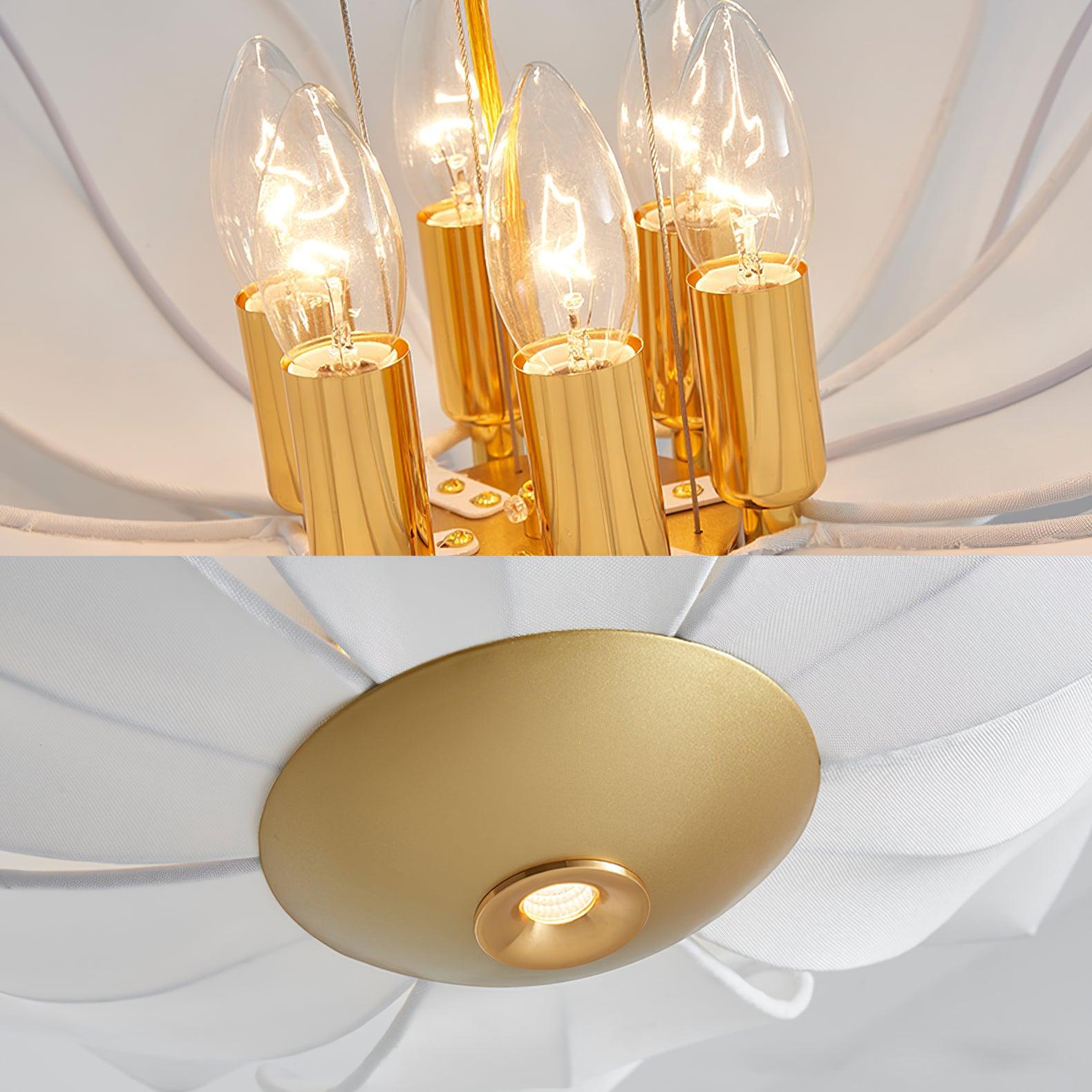 Elegant White Fabric Petal Crown Chandelier Gold Finish Modern Floral Pendant Light