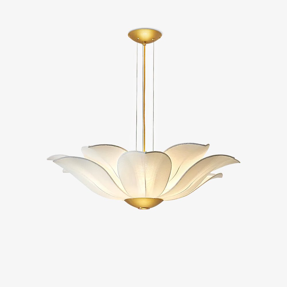 Elegant White Fabric Petal Crown Chandelier Gold Finish Modern Floral Pendant Light