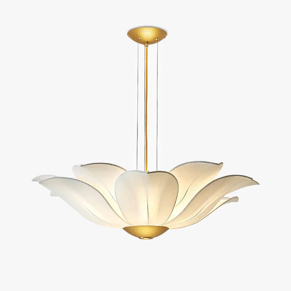 Elegant White Fabric Petal Crown Chandelier Gold Finish Modern Floral Pendant Light