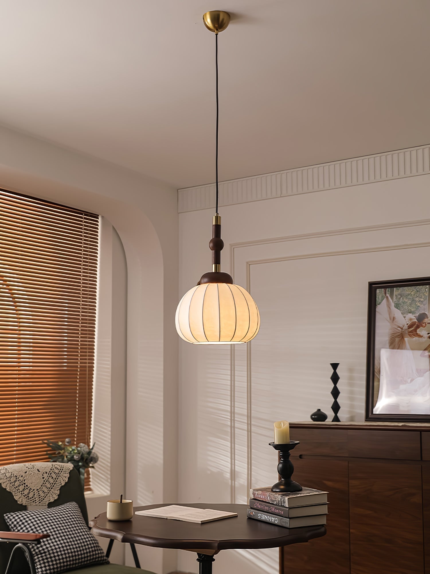 Elegant White Silk Globe Pendant Lighting with Walnut Oak and Metal Accents for Modern Homes