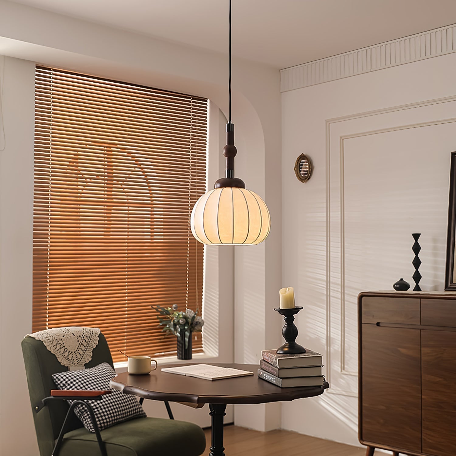 Elegant White Silk Globe Pendant Lighting with Walnut Oak and Metal Accents for Modern Homes