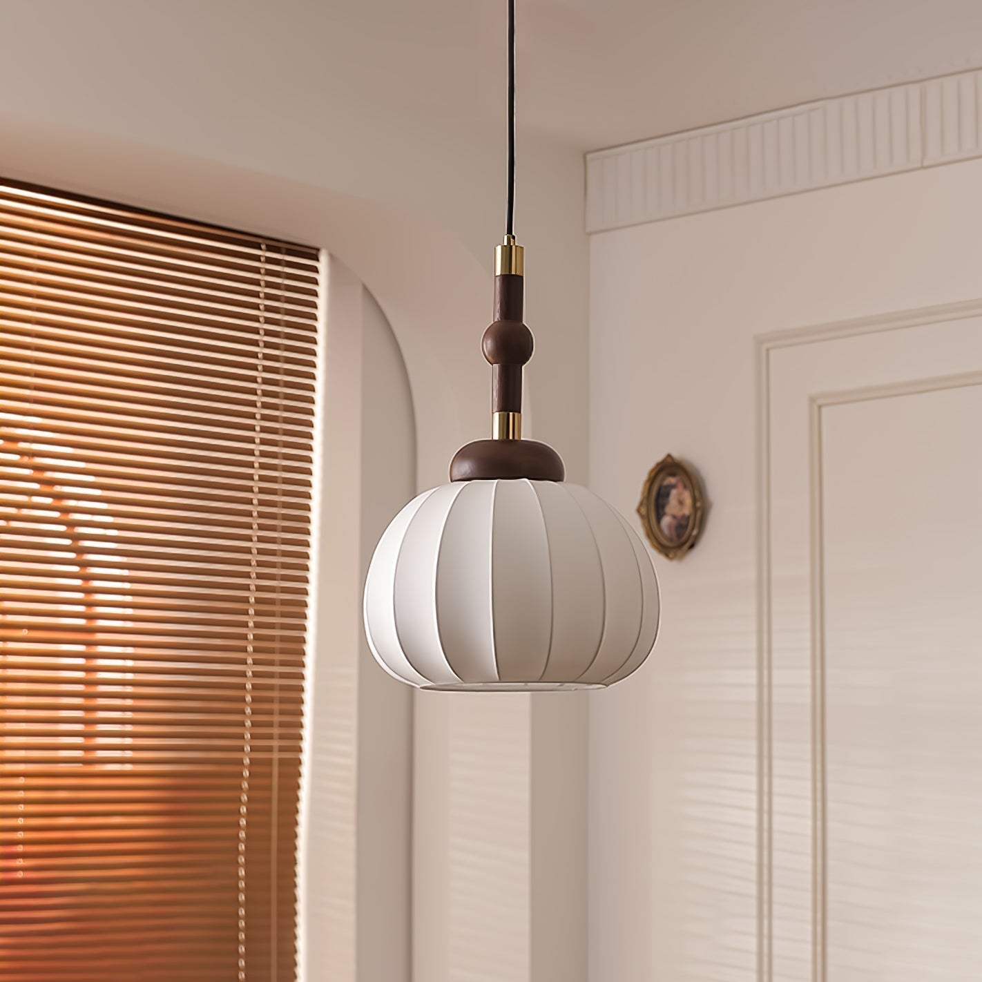 Elegant White Silk Globe Pendant Lighting with Walnut Oak and Metal Accents for Modern Homes