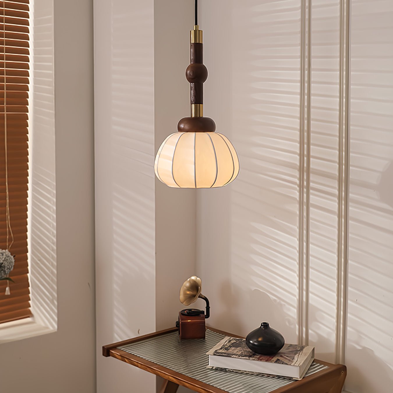 Elegant White Silk Globe Pendant Lighting with Walnut Oak and Metal Accents for Modern Homes