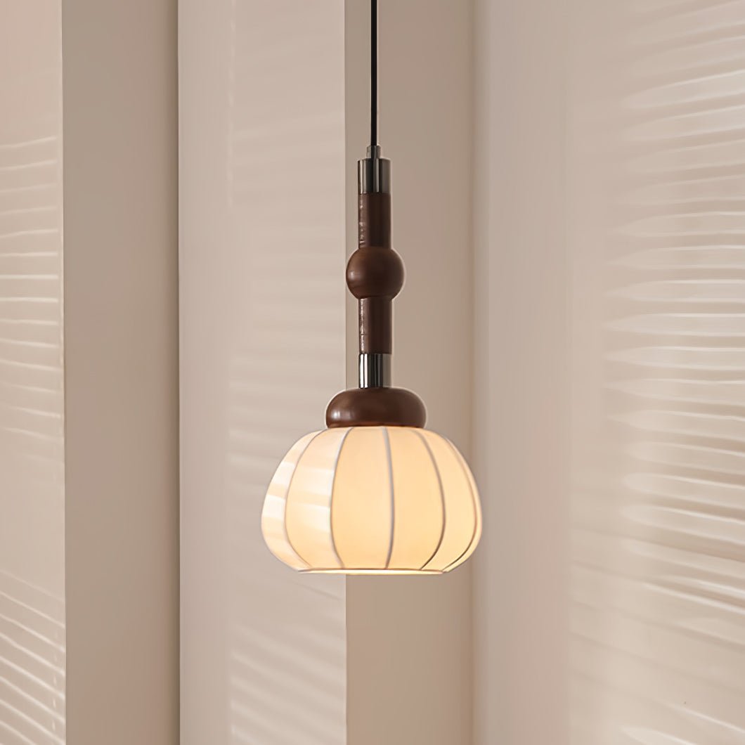 Elegant White Silk Globe Pendant Lighting with Walnut Oak and Metal Accents for Modern Homes