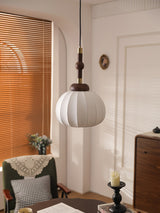 Elegant White Silk Globe Pendant Lighting with Walnut Oak and Metal Accents for Modern Homes