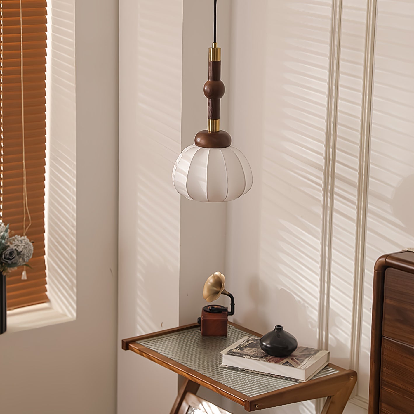 Elegant White Silk Globe Pendant Lighting with Walnut Oak and Metal Accents for Modern Homes