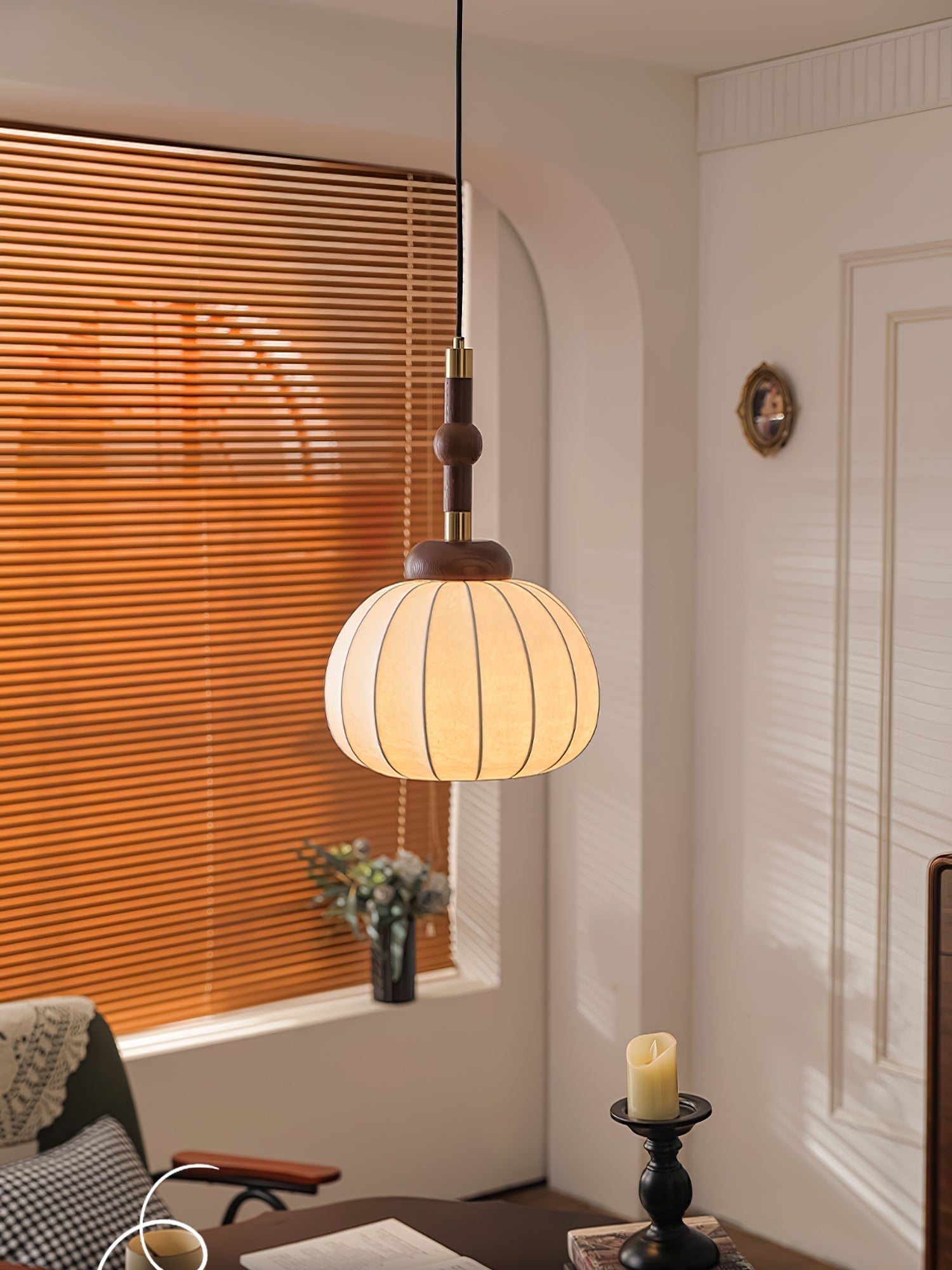 Elegant White Silk Globe Pendant Lighting with Walnut Oak and Metal Accents for Modern Homes