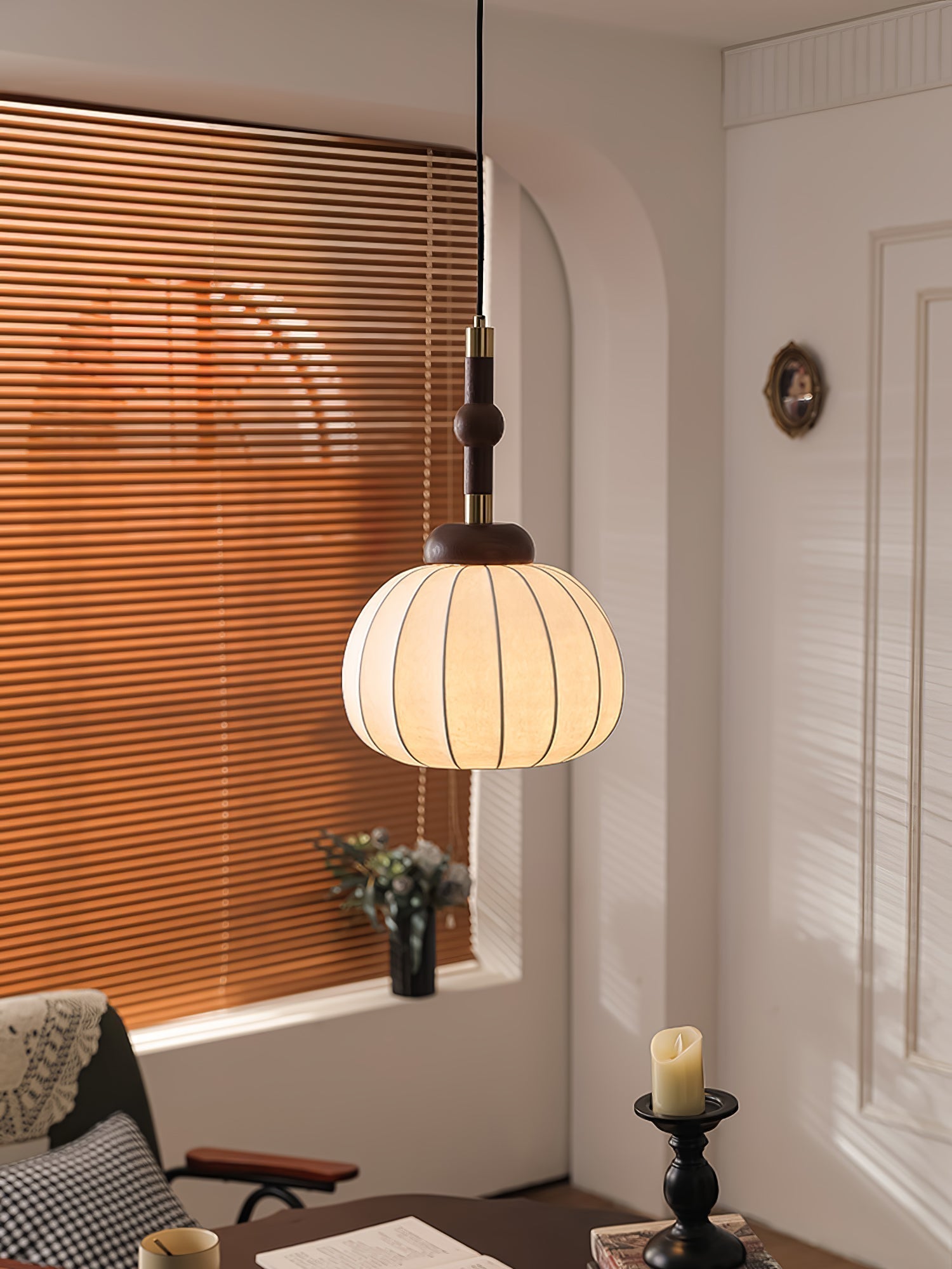 Elegant White Silk Globe Pendant Lighting with Walnut Oak and Metal Accents for Modern Homes