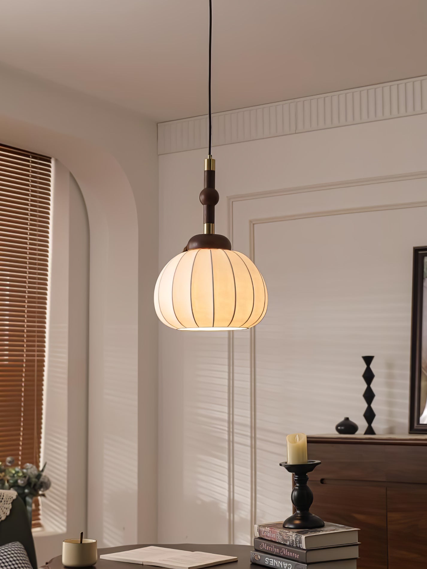 Elegant White Silk Globe Pendant Lighting with Walnut Oak and Metal Accents for Modern Homes