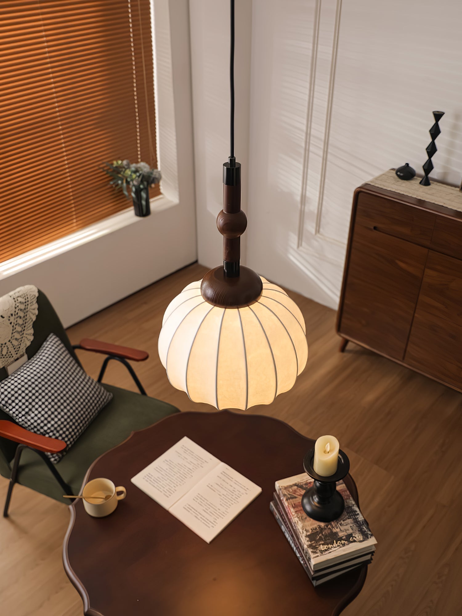 Elegant White Silk Globe Pendant Lighting with Walnut Oak and Metal Accents for Modern Homes