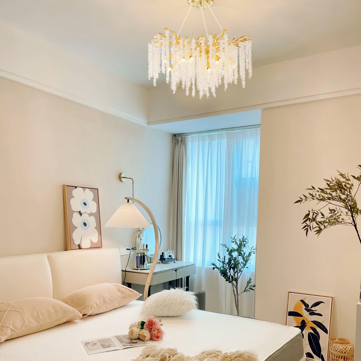 Elegant Wisteria Crystal Flower Branch Chandelier Gold G9 LED Ceiling Light Fixture