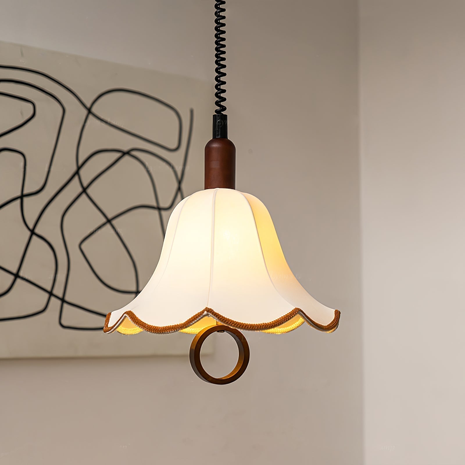 Eryn Mid Century Modern Beige Fabric Pendant Light with Walnut Wood Frame Hanging Ceiling Lamp