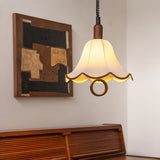 Eryn Mid Century Modern Beige Fabric Pendant Light with Walnut Wood Frame Hanging Ceiling Lamp