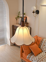 Eryn Mid Century Modern Beige Fabric Pendant Light with Walnut Wood Frame Hanging Ceiling Lamp