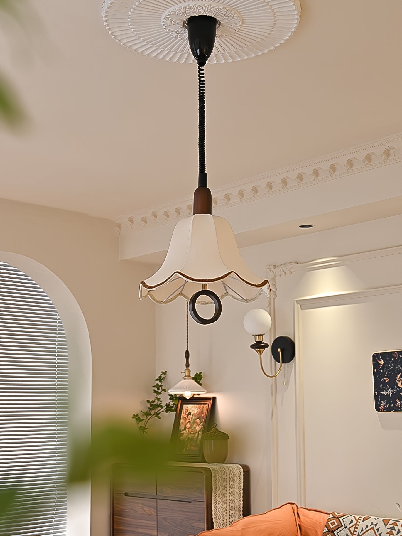 Eryn Mid Century Modern Beige Fabric Pendant Light with Walnut Wood Frame Hanging Ceiling Lamp