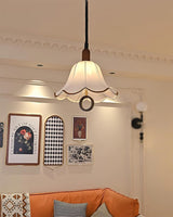 Eryn Mid Century Modern Beige Fabric Pendant Light with Walnut Wood Frame Hanging Ceiling Lamp