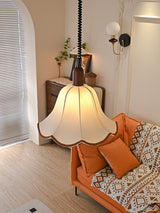 Eryn Mid Century Modern Beige Fabric Pendant Light with Walnut Wood Frame Hanging Ceiling Lamp