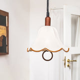 Eryn Mid Century Modern Beige Fabric Pendant Light with Walnut Wood Frame Hanging Ceiling Lamp
