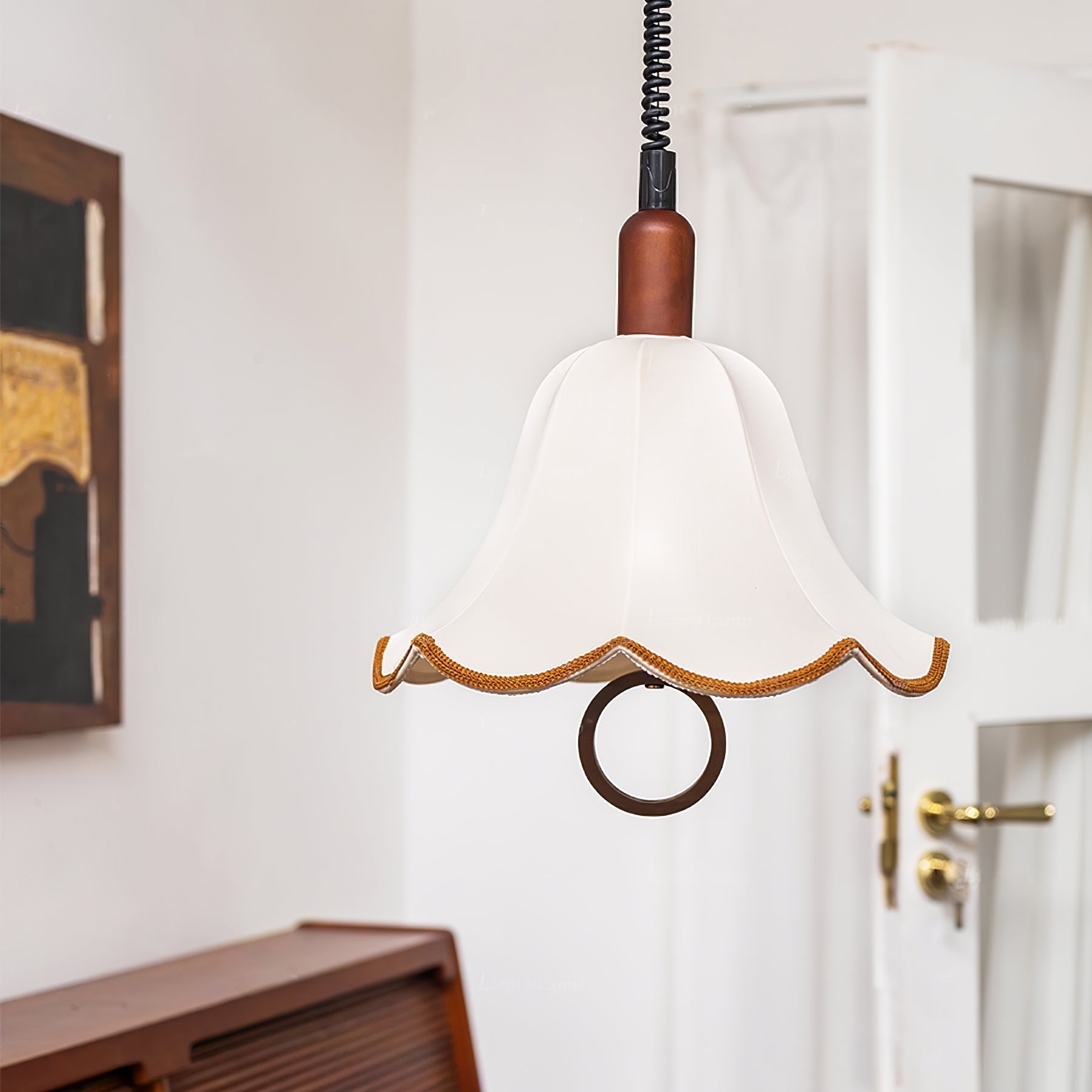 Eryn Mid Century Modern Beige Fabric Pendant Light with Walnut Wood Frame Hanging Ceiling Lamp